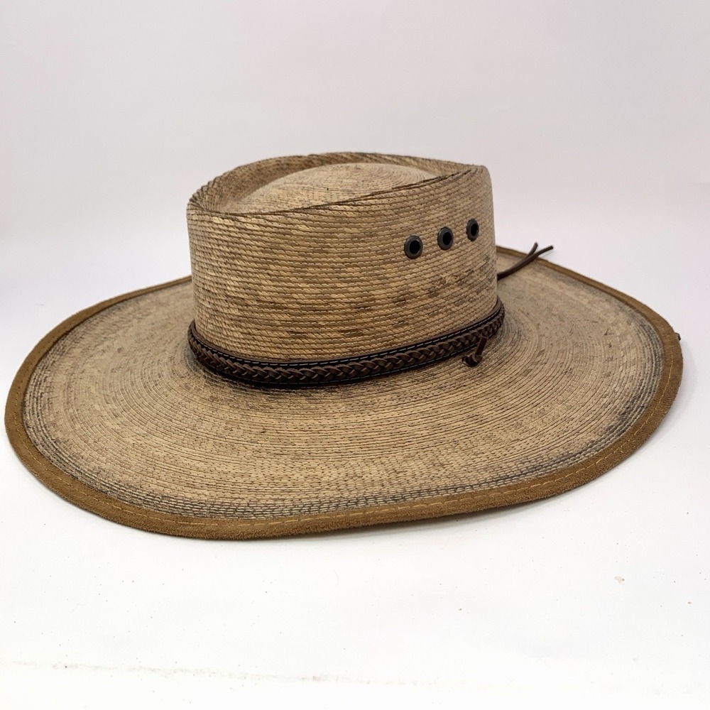 Alamo Hats Men's Sz 7 Gambler Palm Straw Western Hat Leather Accents **Read**
